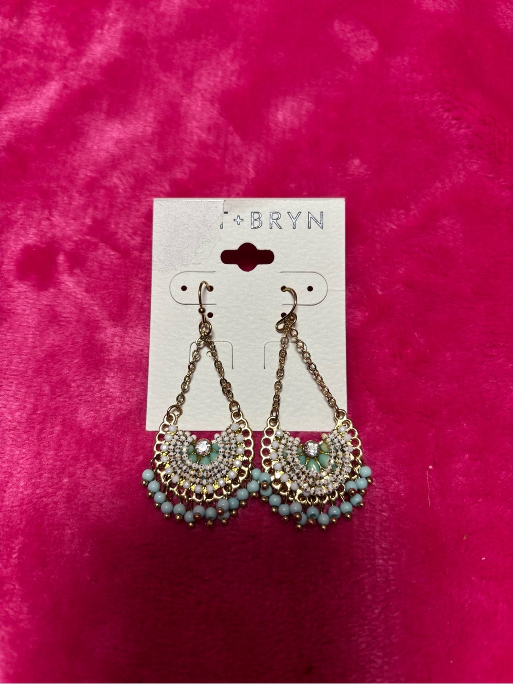 Turquoise Beaded Crescent Dangle Earrings with Gold Accents